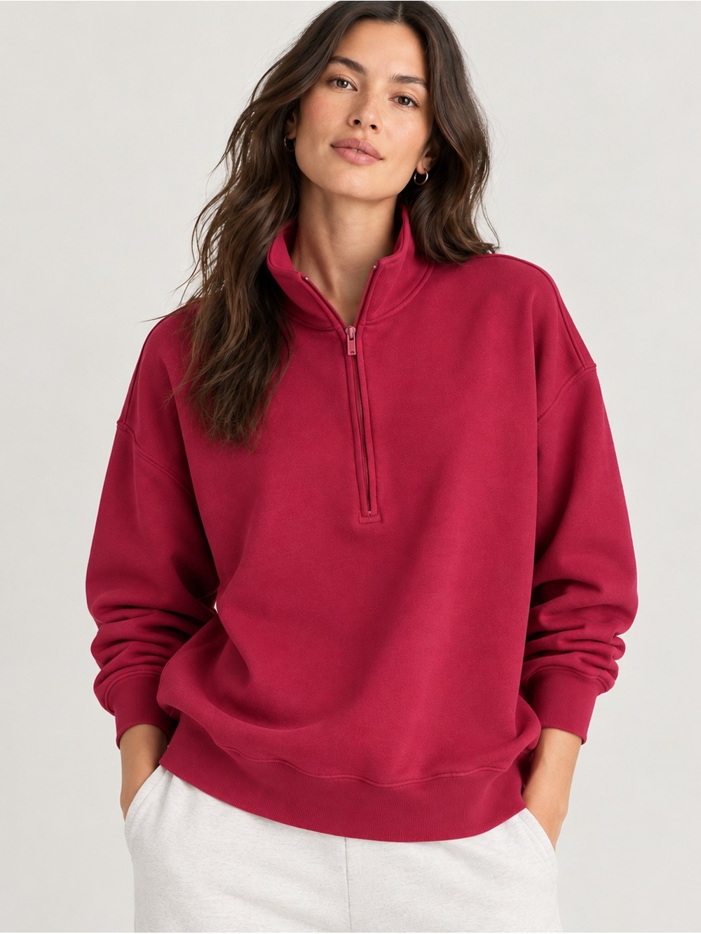 ARITZIA Cozy Sweatfleece Boyfriend 1/2 Zip, Size Large, Juicy Rose Deep Pink